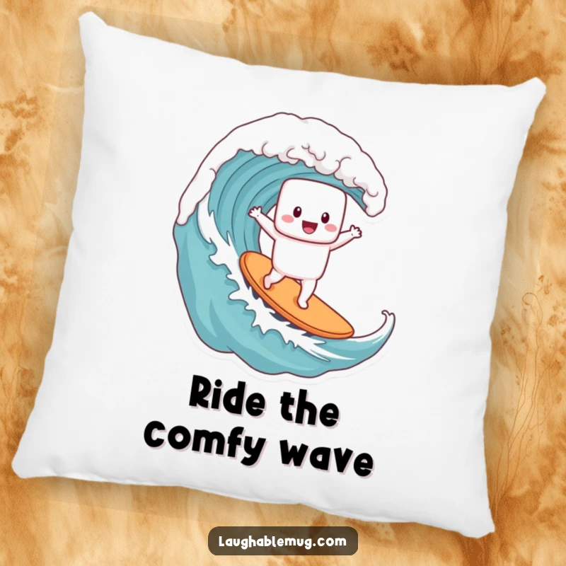 Funny pillow showcasing a happy marshmallow character surfing a giant coffee wave, offering comfort and a splash of playful design.