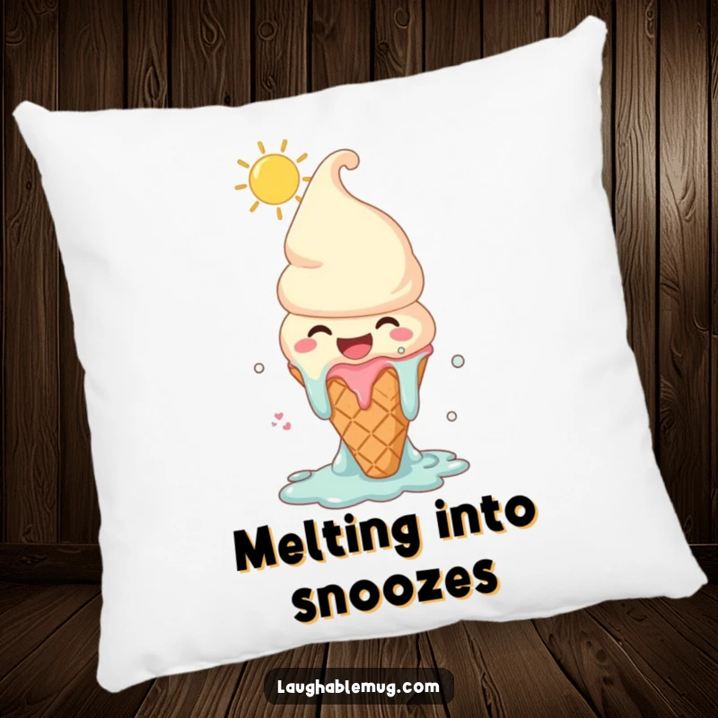 Funny pillow with a melting ice cream cone character laughing joyously under the sun, offering cozy comfort and sweet summer vibes.