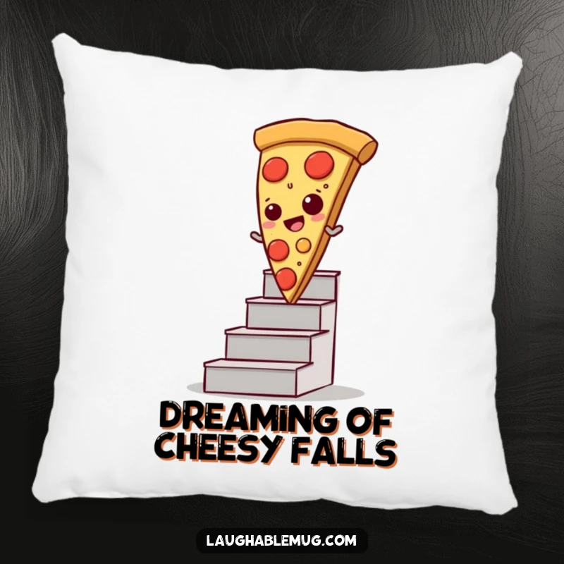 Funny pillow featuring a pizza slice comically sliding down stairs, perfect for adding humor to comfort.