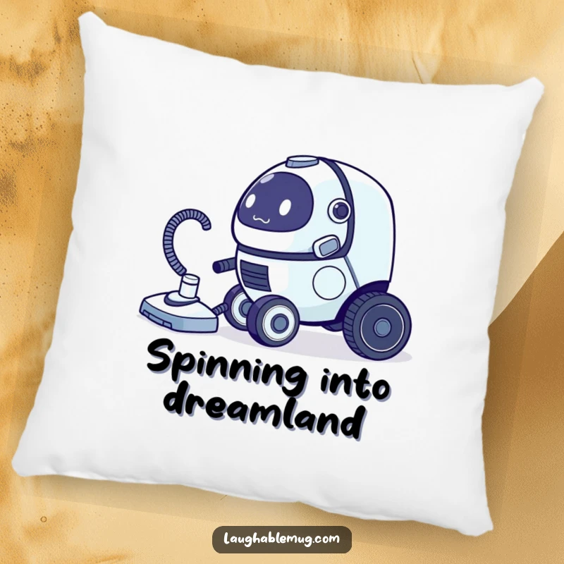 Funny pillow featuring a clumsy robot vacuum cleaner chasing its tail, adding a touch of humor to your space.