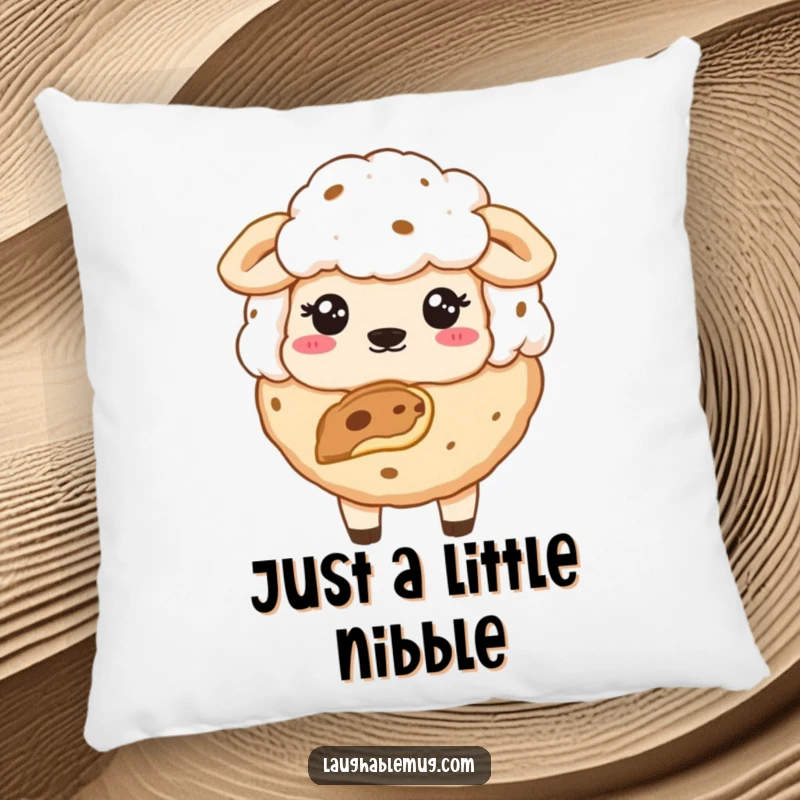 Funny pillow with a sheepish cookie that has a bite taken out, offering cozy charm and humor.