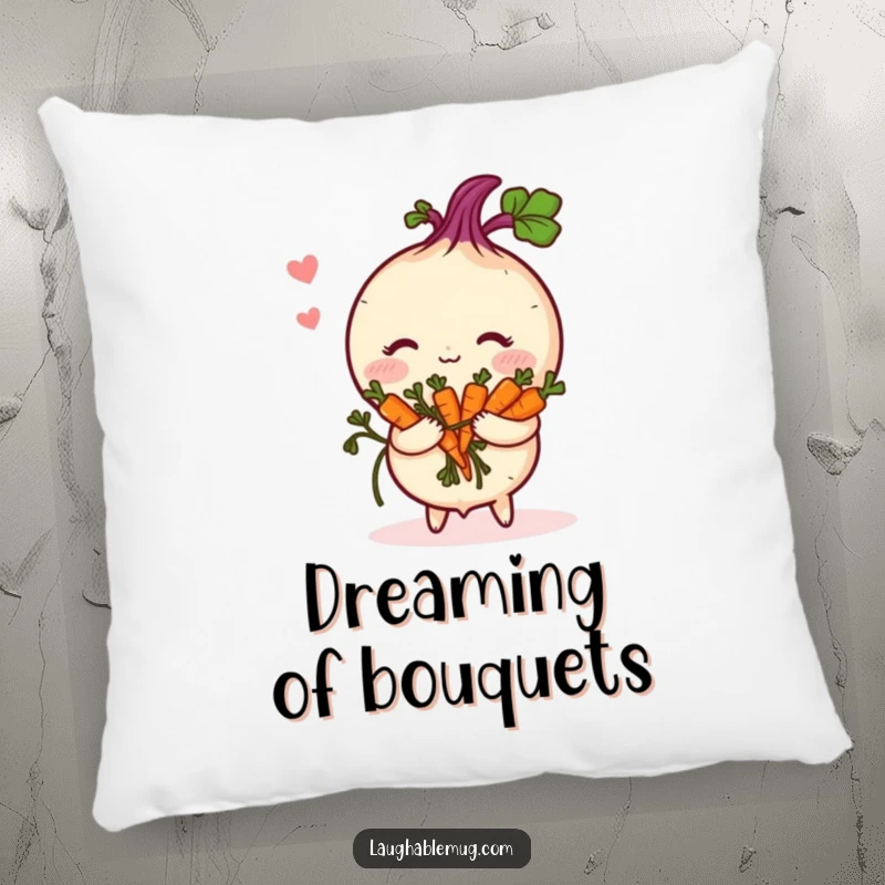 Funny Pillow: A shy turnip blushing deeply holds a bouquet of tiny carrots, offering comfort and cute charm.