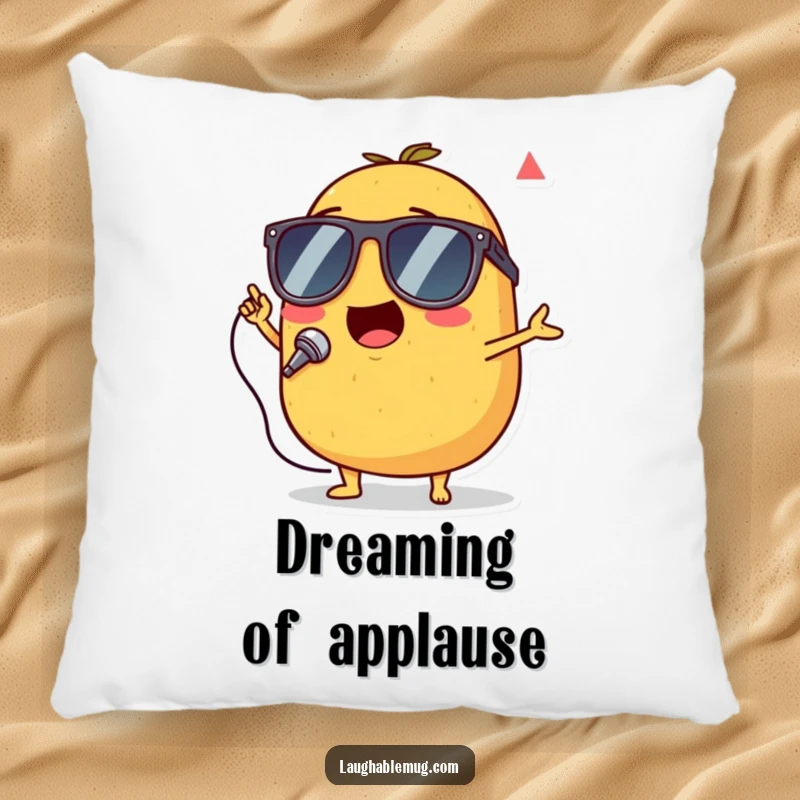 Funny pillow with a singing potato wearing tiny sunglasses, performing with energetic enthusiasm.