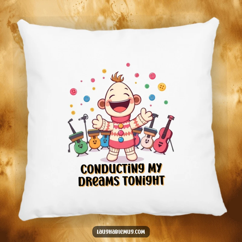 Funny pillow featuring a cheerful sock puppet conducting a button orchestra, offering comfort and a humorous decorative touch.