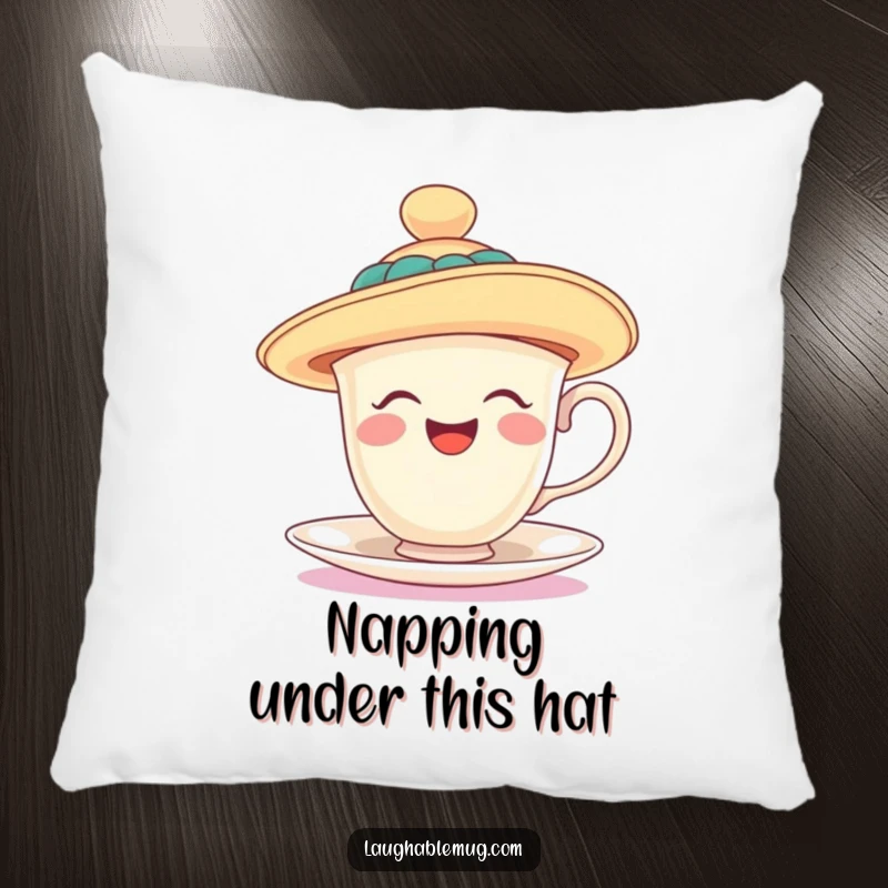 Funny pillow with a laughing teacup wearing a ridiculously oversized, floppy hat, soft and inviting decor. A charming funny gift.