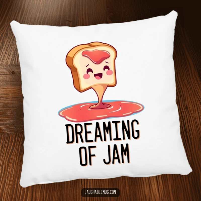Funny pillow with a smiling toast slice dramatically diving into a jam pool, providing humorous comfort and decor.