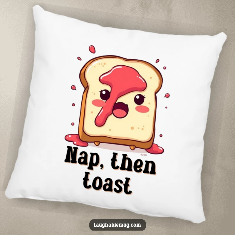 Funny pillow designed with a cute toast character caught in a surprise jam splatter, perfect for adding quirky charm.