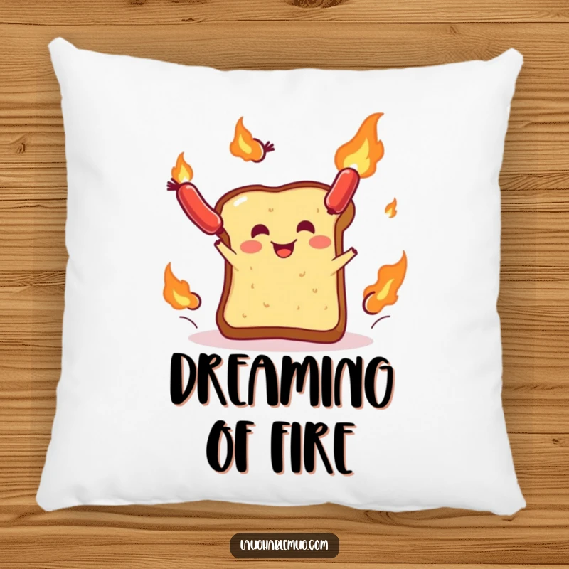 Funny pillow: A plush cushion featuring a toast slice performing a daring juggling act with flaming sausages, adding humor to decor.