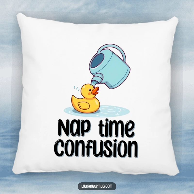 Funny pillow featuring a confused watering can attempting to water a rubber duck, providing a soft and humorous decorative accent for any room.