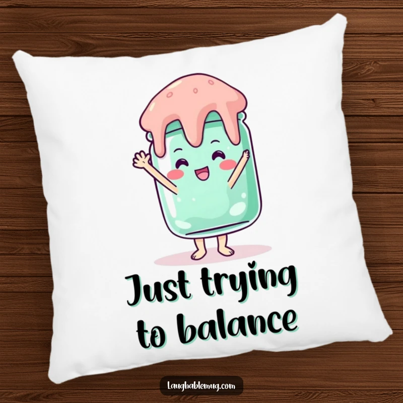 Funny pillow with a jelly jar doing a wobbly handstand, offering comfort and a dose of humor.