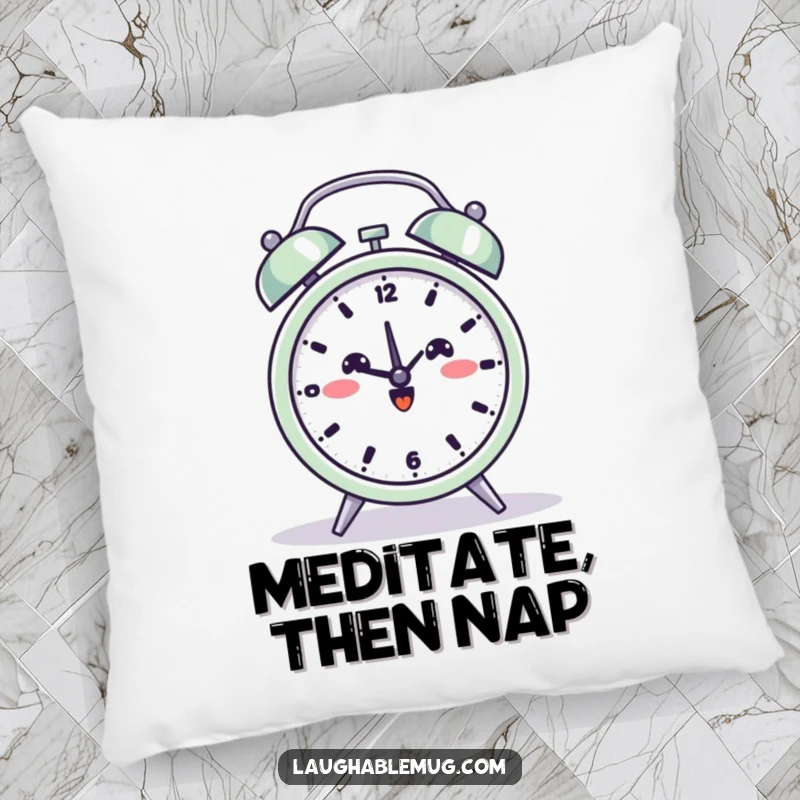 Funny pillow featuring a beaming alarm clock in a yoga pose, offering comfort and a serene vibe.