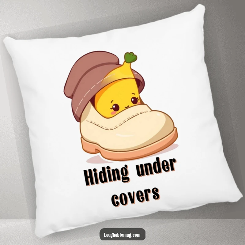 Funny pillow with a shy banana character peeking from behind a giant shoe, perfect for cute comfort.