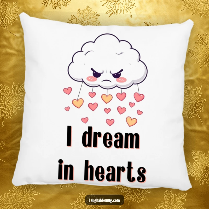 Funny pillow illustrating a grumpy cloud raining happy heart-shaped drops, adding comfort and humor.