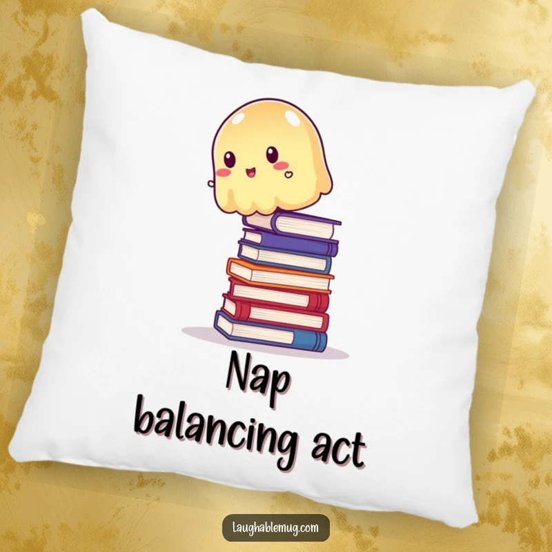 Funny Pillow: Wobbly jelly trying to balance precariously on a stack of books, a comfortable and humorous accent.