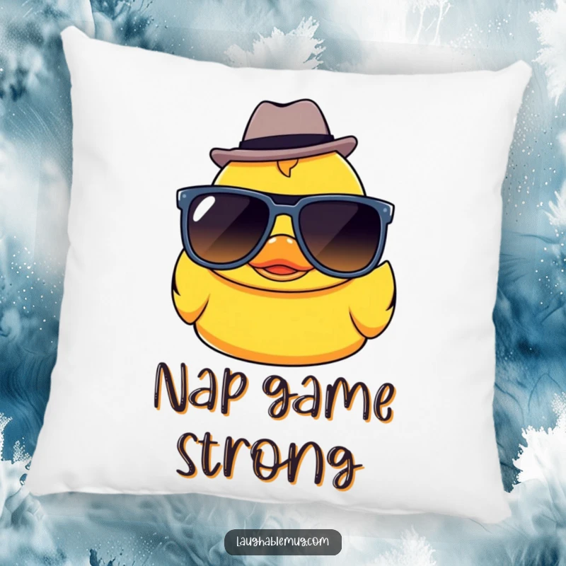Funny Kawaii rubber ducky with sunglasses and a fedora, depicted on a soft, plush pillow for cozy decor.