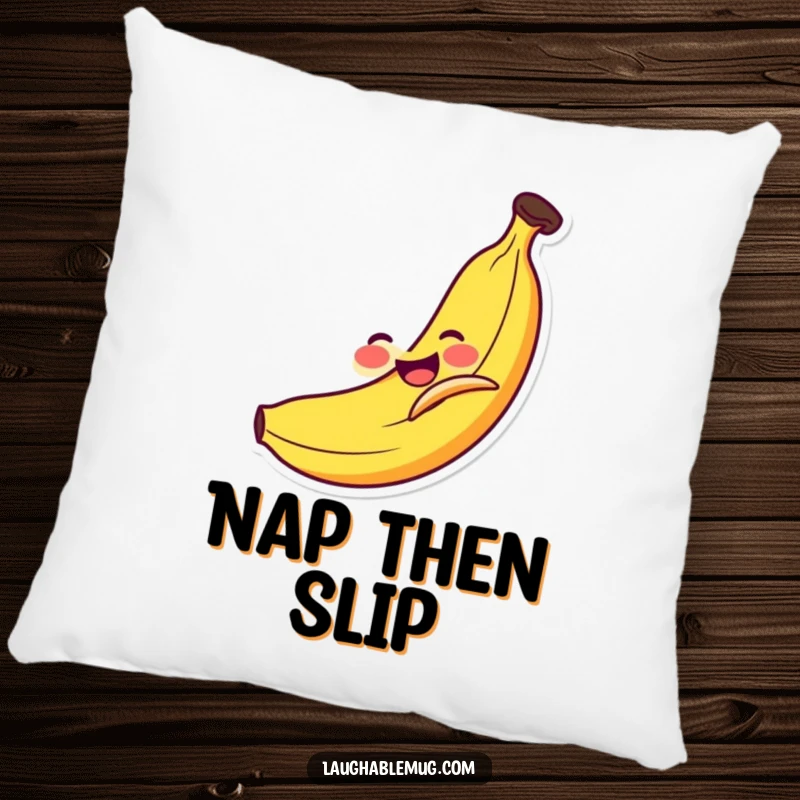 Funny Pillow: Smiling banana comically slipping on its own peel, a comfortable and humorous accent for any room.