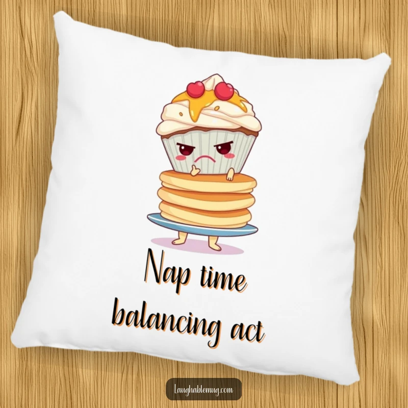 Funny pillow showing a grumpy cupcake precariously balancing a huge, wobbly stack of pancakes, designed for comfort and humor.