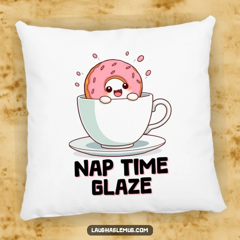 Funny Kawaii Donut Teacup Dive Pillow: A cute donut character dives into a teacup, offering soft, whimsical comfort.