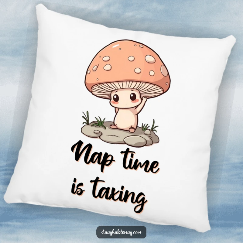 Funny Pillow: A determined mushroom trying to lift a large pebble, a soft and humorous decorative item.