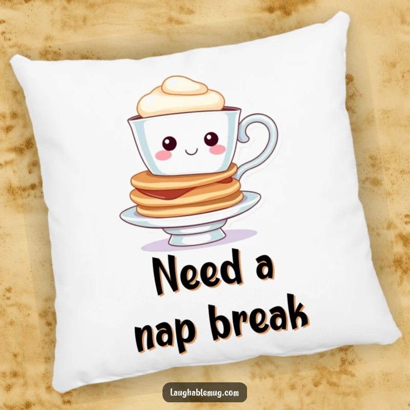 Funny Teacup Pancake Pillow: A soft cushion featuring a cheerful teacup balancing pancakes, perfect for cozying up with a smile.