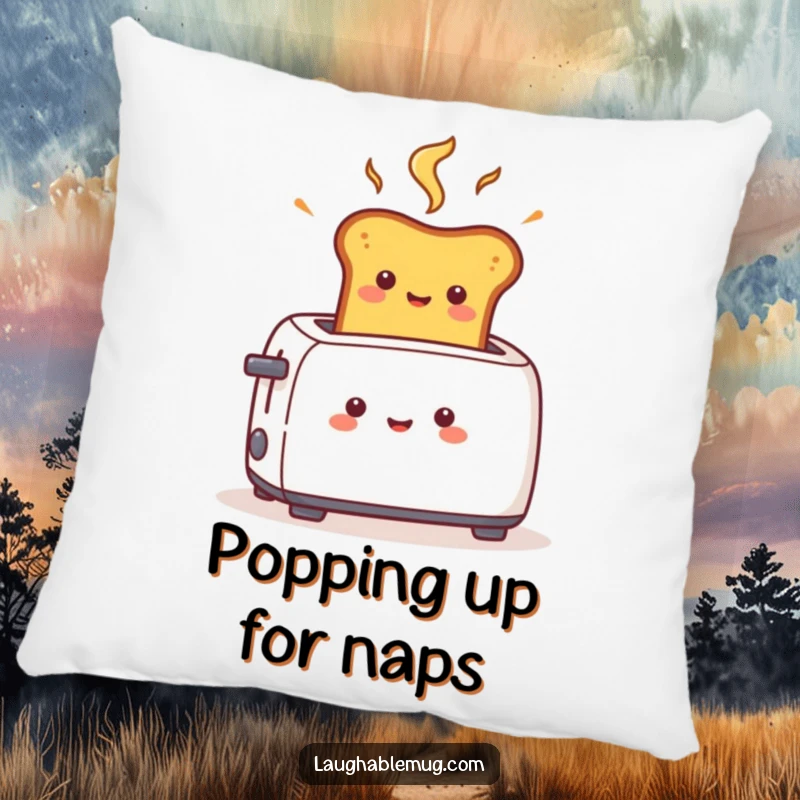Funny pillow with a cheerful toast character popping out of a toaster at surprising speed, adding humor to comfort.