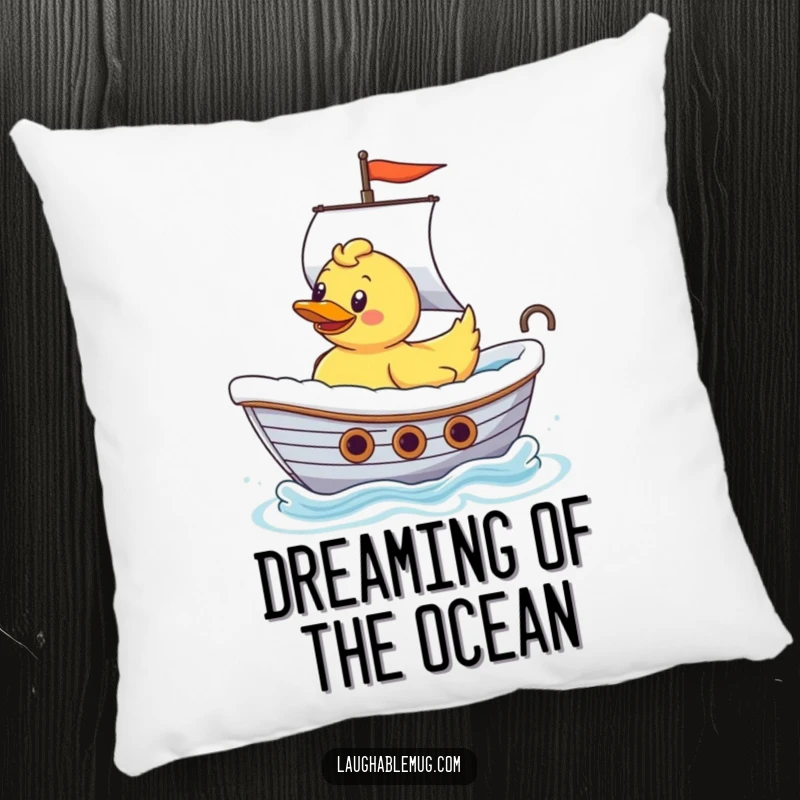 Funny Rubber Ducky Ship Captain Pillow: A soft pillow featuring a happy rubber ducky sailing a bathtub like a grand ship, perfect for comfort.