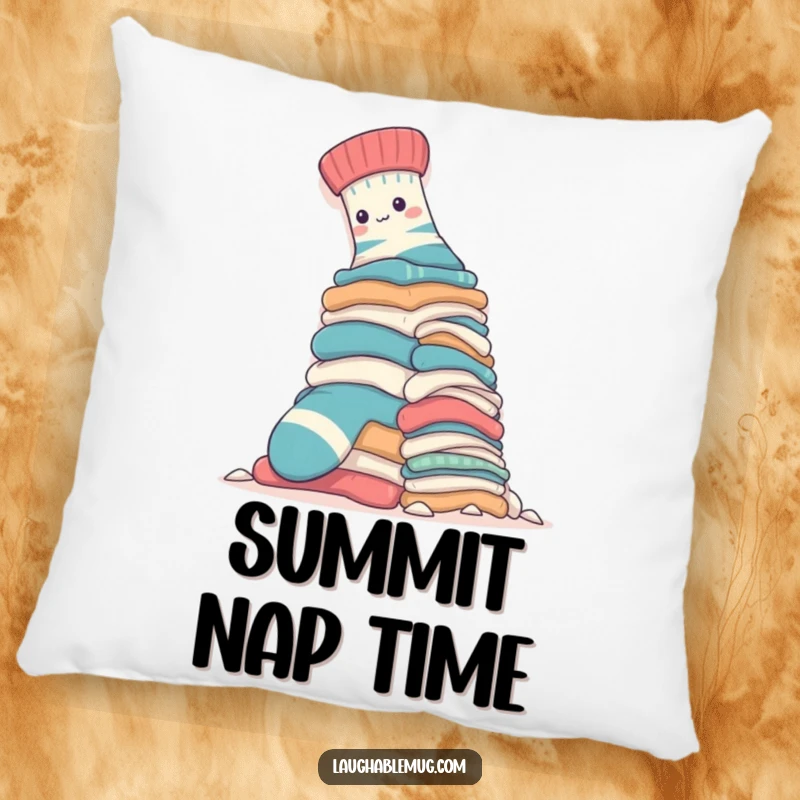 Funny Pillow: A brave sock tackles a huge laundry mountain with great effort, offering a humorous and comfortable accent for any room.