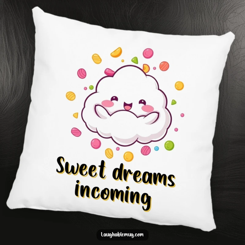 Funny Candy Rain Cloud Pillow: A fluffy cloud character joyfully raining colorful candy, a cozy funny gift.