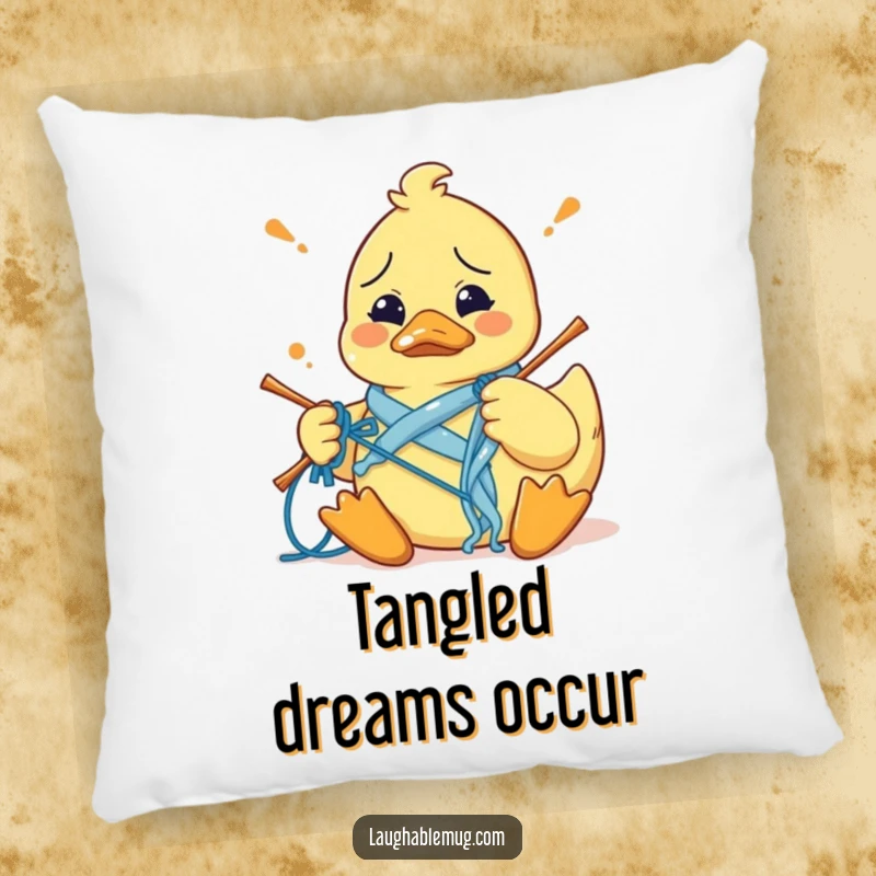 Funny pillow featuring a confused rubber duck hilariously tangled in knitting yarn, bringing a sense of cozy crafting chaos.