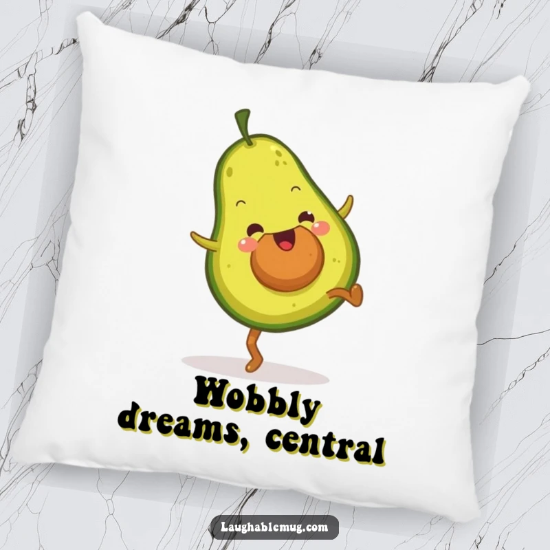 Funny pillow with a fuzzy avocado performing a cartwheel, designed for comfort and spreading cheerful, energetic vibes.