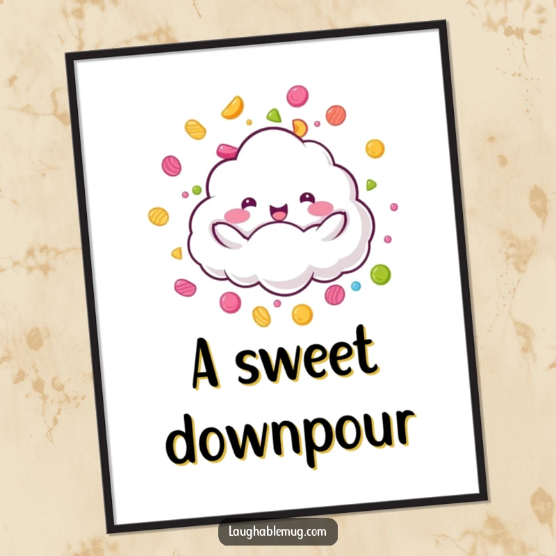Funny Candy Rain Cloud Digital Art Print: A fluffy cloud character joyfully raining colorful candy, a sweet funny gift.