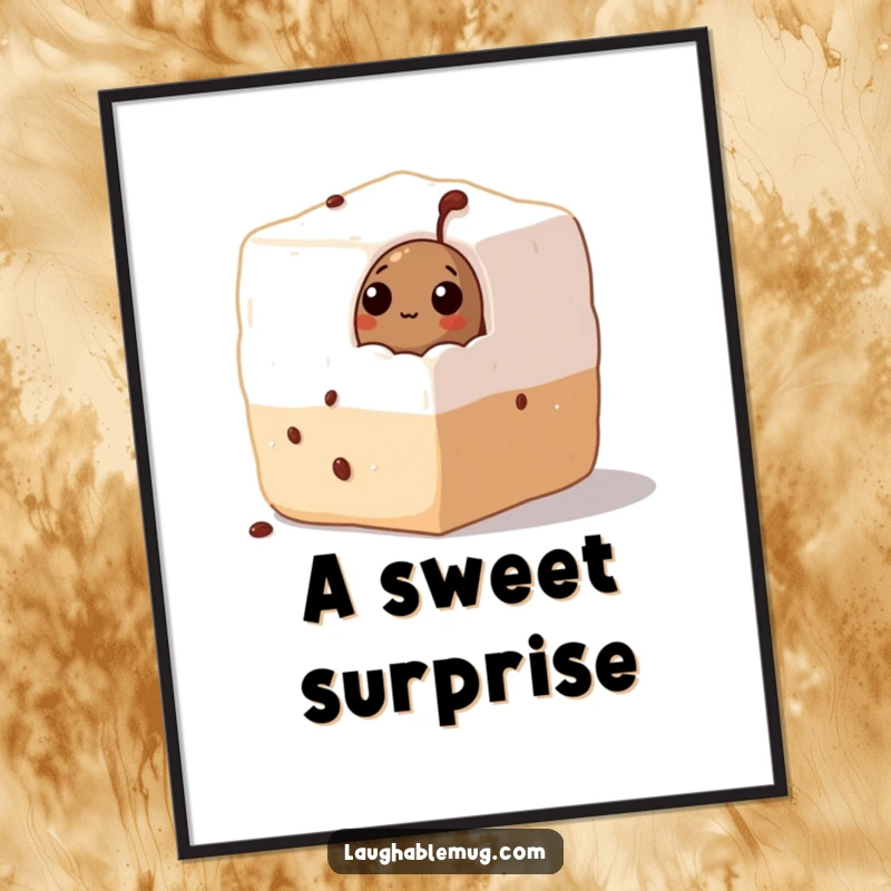 Funny Digital Art Print: A curious coffee bean peeks from a sugar cube, offering a humorous and charming downloadable image.