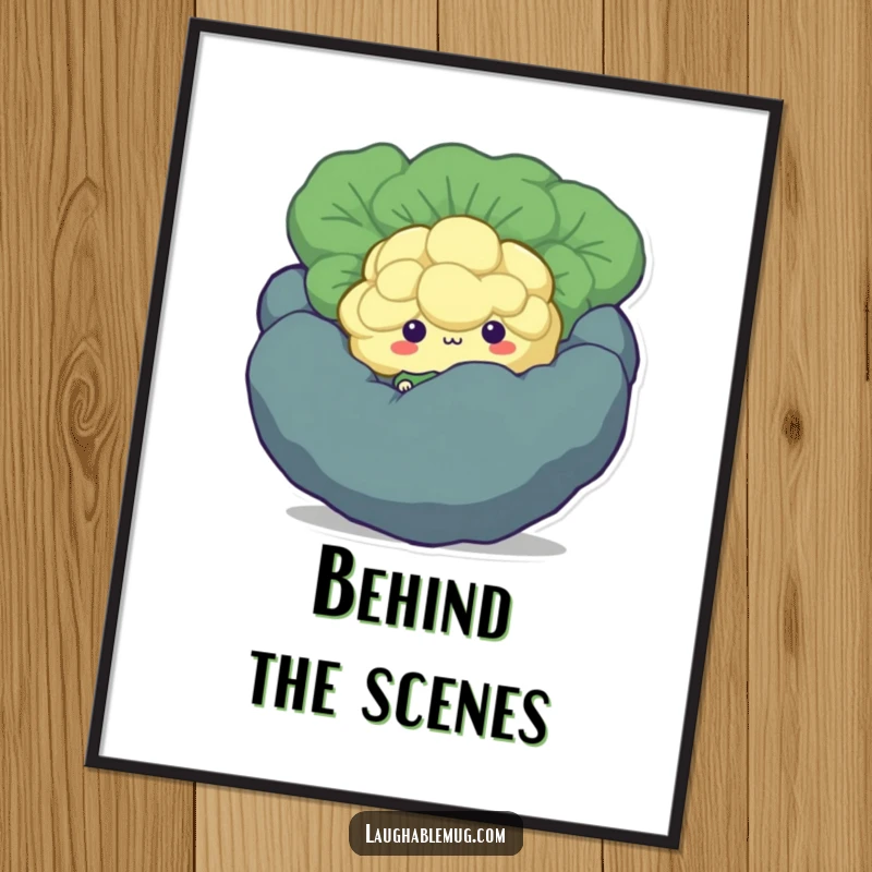 Funny Shy Broccoli Digital Art: A printable illustration of a shy broccoli floret character hiding behind a larger vegetable, embodying cuteness.