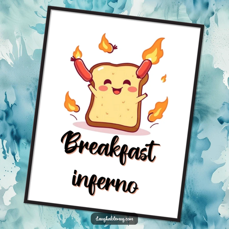 Funny digital art print: A dynamic depiction of a toast slice juggling flaming sausages, full of energy and breakfast humor.