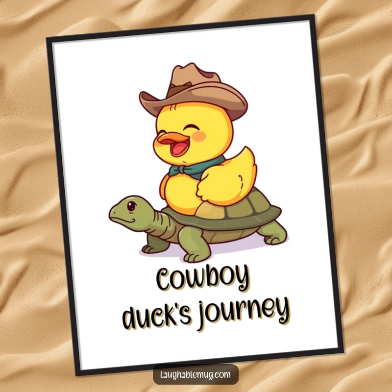 Funny digital art print of a duck cowboy riding a turtle, perfect for instant whimsical decor.