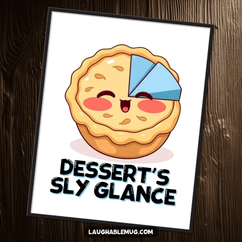 Funny digital art print of a blushing apple pie winking at a pie chart, ideal for adding sweet and humorous dessert-themed decor.