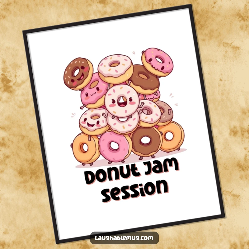 Funny digital art print: A whimsical depiction of donuts hilariously attempting a synchronized dance routine with charming clumsiness.