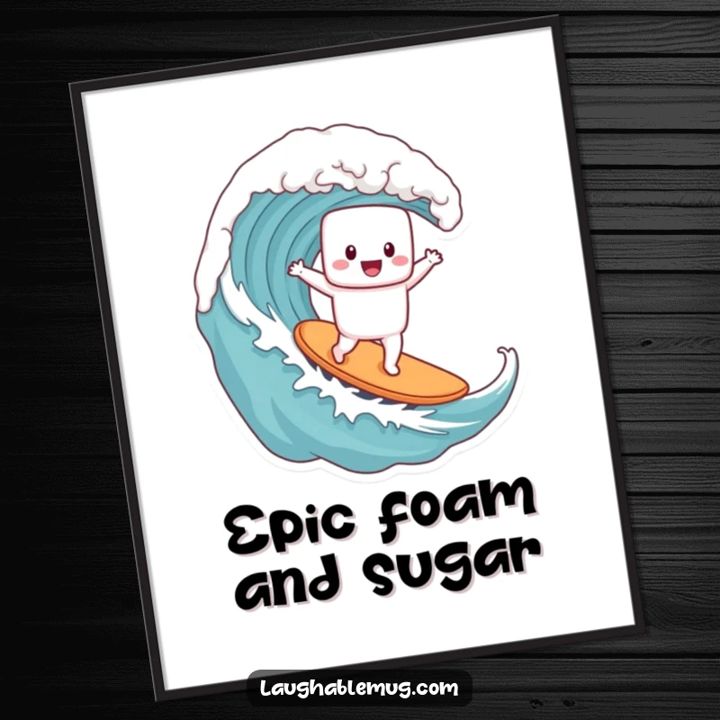 Funny digital art print of a marshmallow character joyfully surfing a giant coffee wave, ideal for vibrant, humorous home decor.