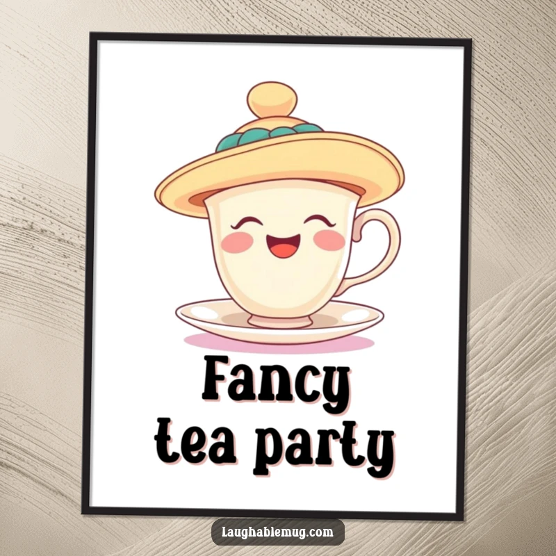 Funny digital art of a laughing teacup wearing a ridiculously oversized, floppy hat, vibrant and full of charm. An instant funny gift.