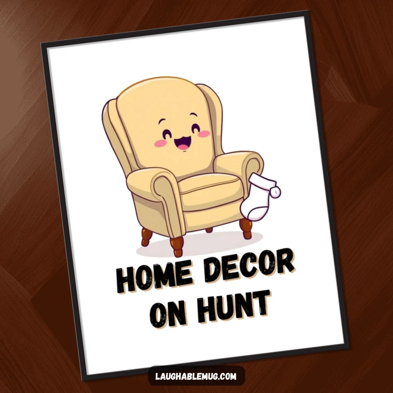 Funny digital art print of a happy armchair chasing a runaway sock, ideal for adding a comical and relatable touch to home decor.