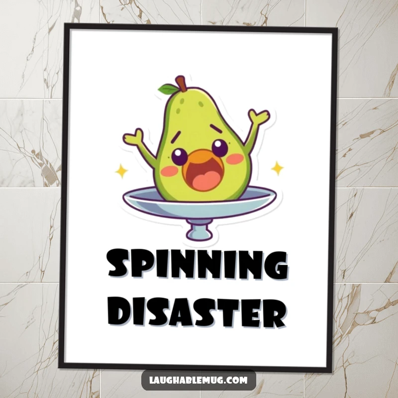 Funny digital art print of a surprised avocado character comically falling off a spinning plate, ideal for instant decor.