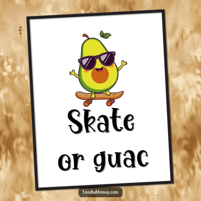 Funny digital art print of a happy avocado character on a skateboard, wearing sunglasses, capturing cool street art and vibrant energy.