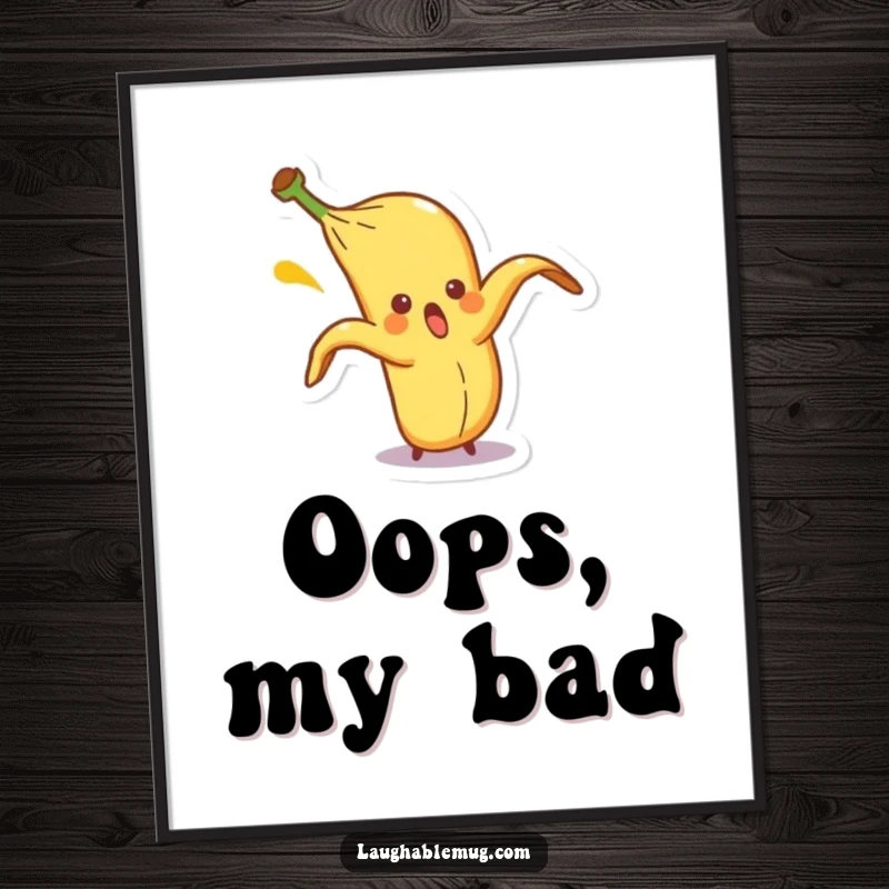 Funny digital art print of a surprised banana peel character comically slipping on itself, bringing slapstick humor and visual comedy.