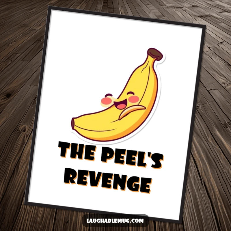 Funny Digital Art Print: Smiling banana comically slipping on its own peel, a lively and humorous piece for walls.