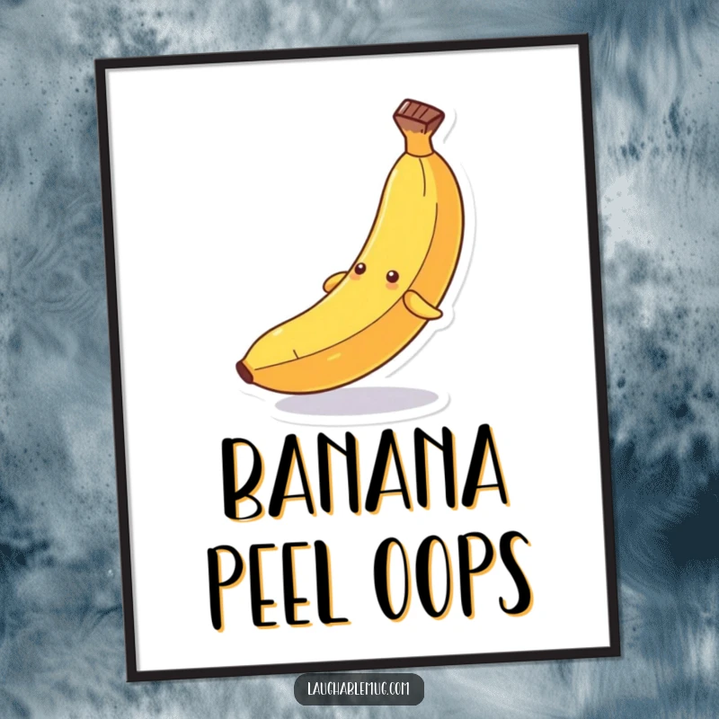 Funny digital art print: A whimsical depiction of a personified banana comically slipping dramatically on its own discarded peel.