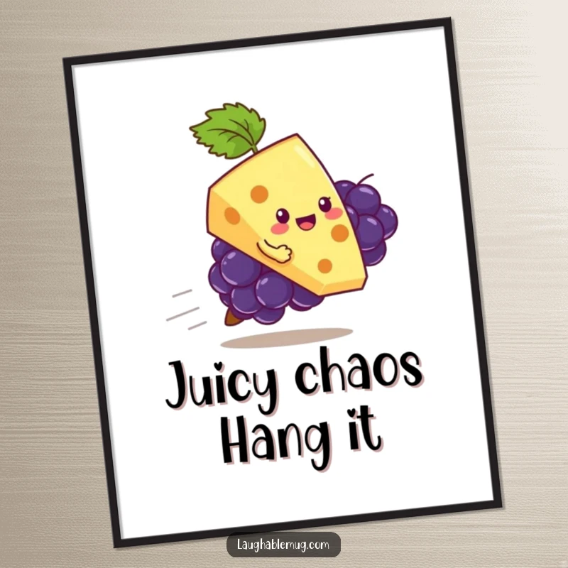 Funny digital art print of a playful slice of cheese hilariously attempting to ride a runaway grape, ready to add humor.