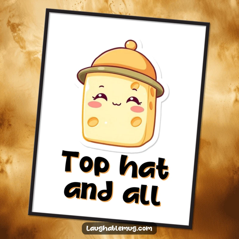 Funny digital art print of a happy cheese slice wearing a tiny hat, adding instant cheer and whimsy.