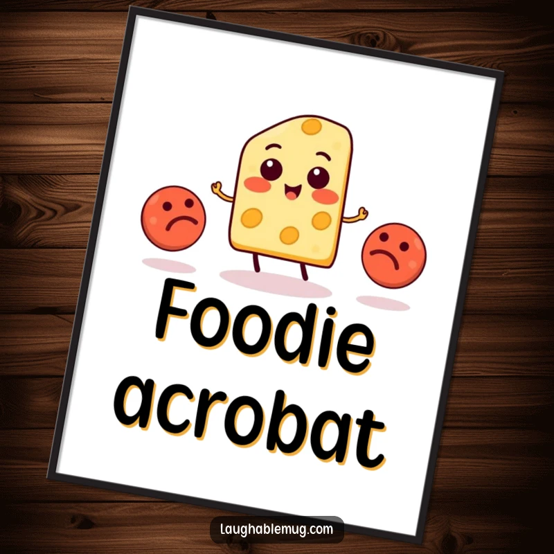 Funny Cheese Juggling Meatballs Digital Art Print: A whimsical cheese slice comically juggles three meatballs, ready to download and display.