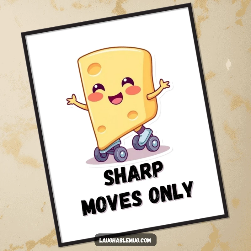Funny digital art print of a smiling cheese slice on skates, radiating playful dairy energy, perfect for kitchen decor, a great gift.