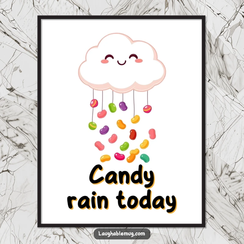 Funny digital art print: A whimsical depiction of a smiling cloud joyfully raining a multitude of colorful jelly beans.